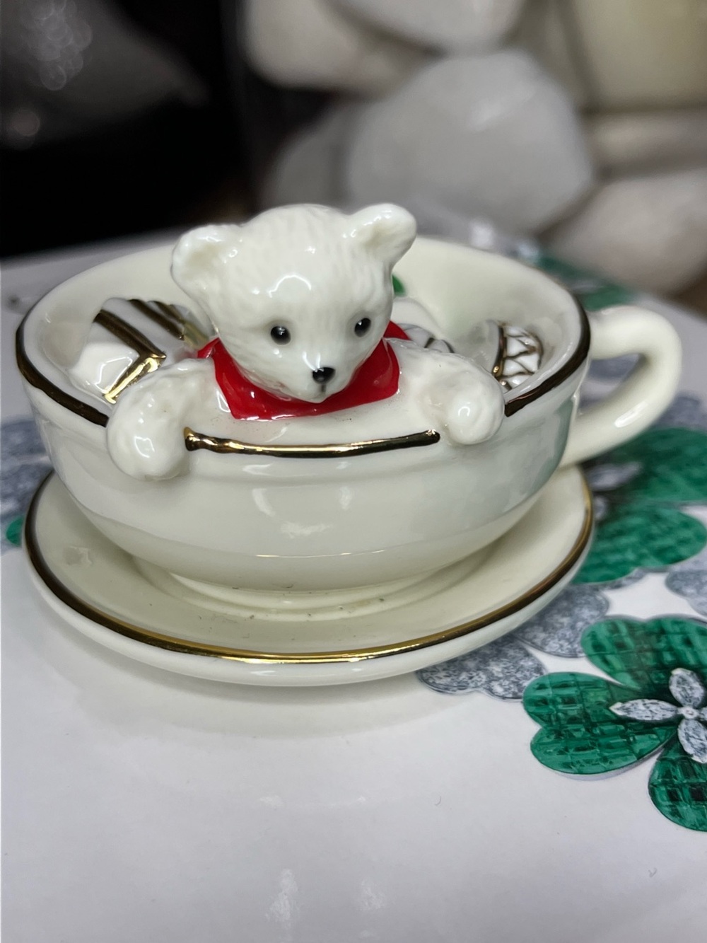 Mikasa Cream Porcelain Bear Teacup with Red Scarf and Gold Trim‎